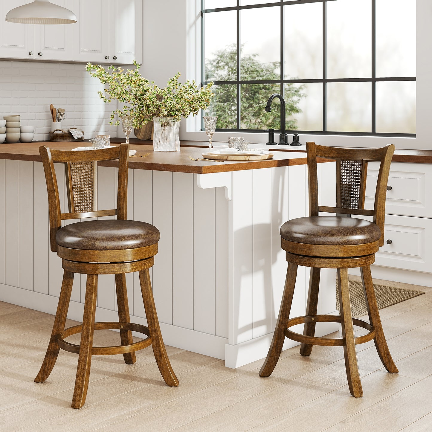 25 Inch Set of 2 Bar Stools with PE Rattan Backrest and Rubber Wood Frame-Brown