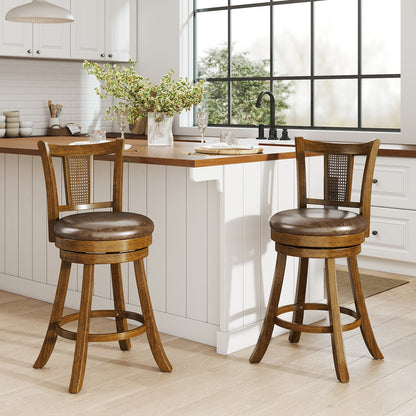 25 Inch Set of 2 Bar Stools with PE Rattan Backrest and Rubber Wood Frame-Brown