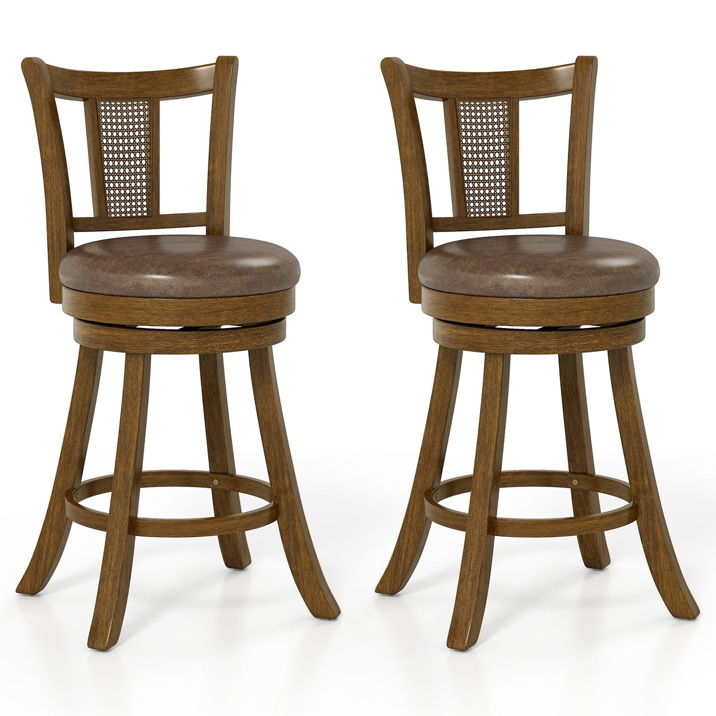 30 Inch Set of 2 Bar Stools with PE Rattan Backrest and Rubber Wood Frame-Brown