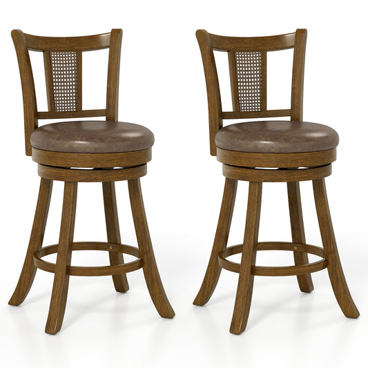 Set of 2 25-inch bar stools with PE rattan backrest and rubber wood frame in brown for kitchen and dining areas.