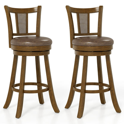 30 Inch Set of 2 Bar Stools with PE Rattan Backrest and Rubber Wood Frame-Brown