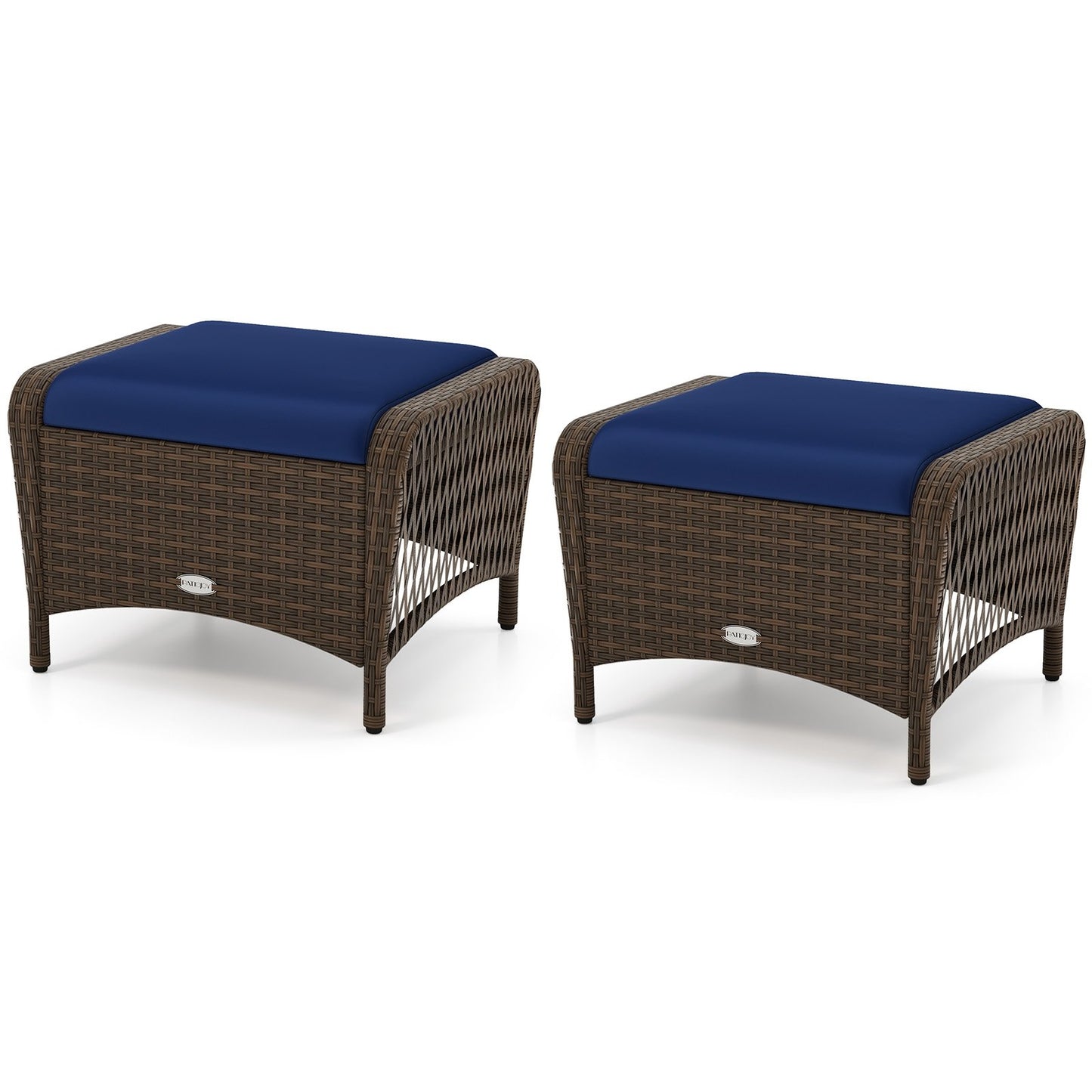 Set of 2 Outdoor Patio PE Wicker Ottomans with Removable Cushions-Beige