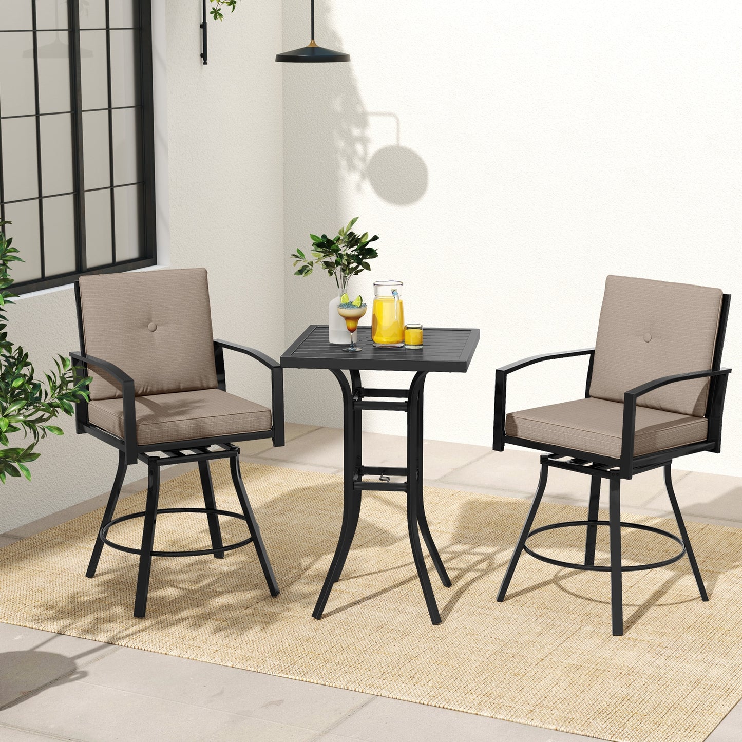 3 Pieces Patio Swivel Bar Set with Soft Cushions and Umbrella Hole-Brown