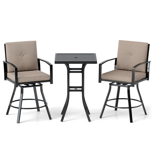 3 Pieces Patio Swivel Bar Set with Soft Cushions and Umbrella Hole-Brown