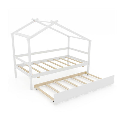 Kids Twin Size House Bed with Trundle and Roof-Gray