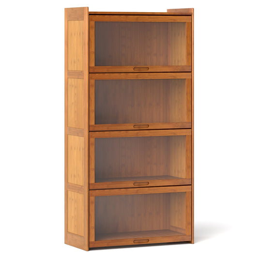 4-Tier Bamboo Bookcase with Doors for Study Room Living Room-Brown