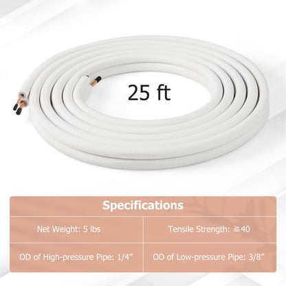 25 Feet Mini Split Line Set with 1/4 Inch and 3/8 Inch O.D. Copper Pipes Tubing