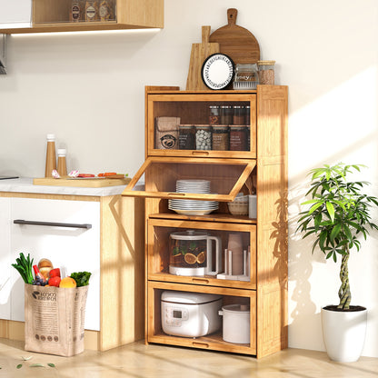 4-Tier Bamboo Bookcase with Doors for Study Room Living Room-Brown