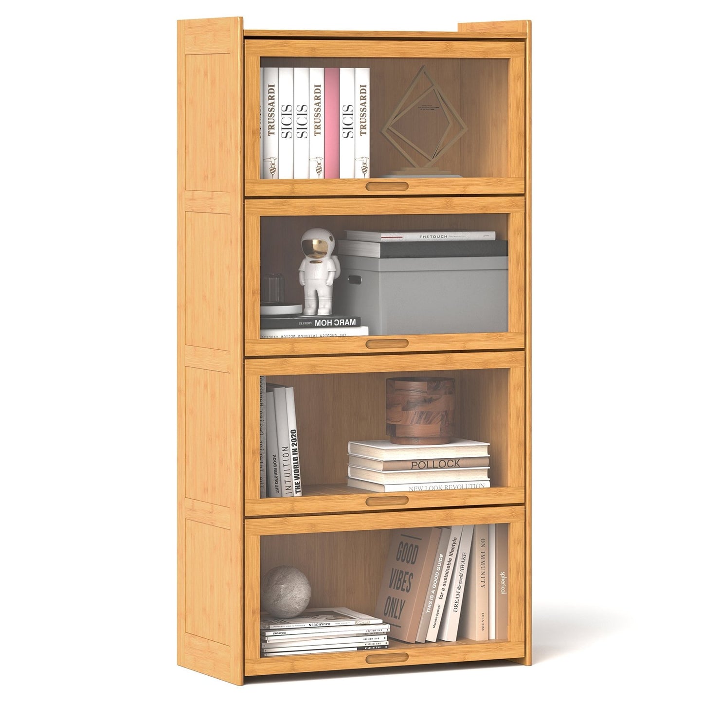 4-Tier Bamboo Bookcase with Doors for Study Room Living Room-Brown