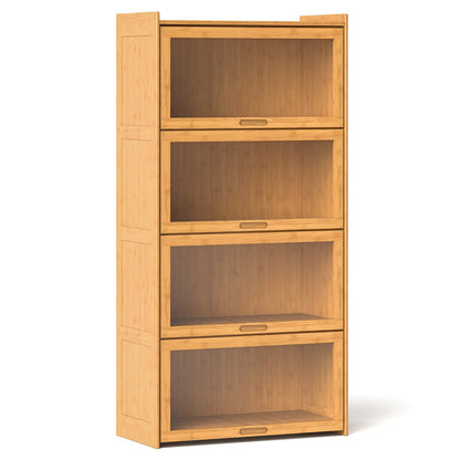 4-Tier Bamboo Bookcase with Doors for Study Room Living Room-Brown