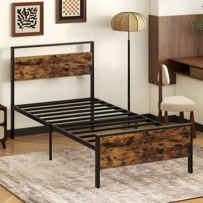 King Metal Bed Frame Industrial Platform Bed with Wooden Headboard-King Size