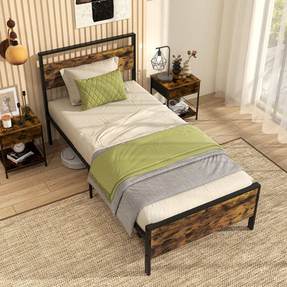 King Metal Bed Frame Industrial Platform Bed with Wooden Headboard-King Size