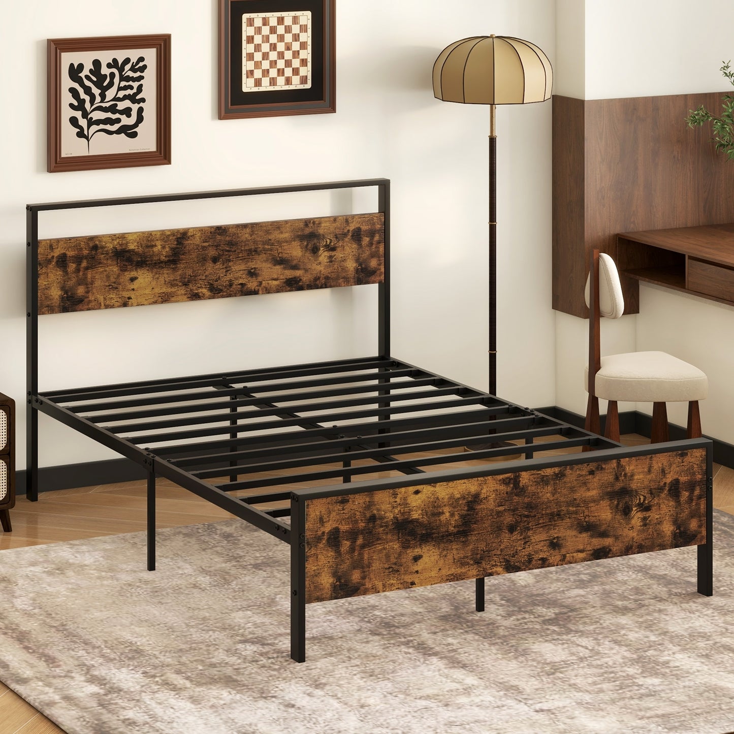 King Metal Bed Frame Industrial Platform Bed with Wooden Headboard-King Size