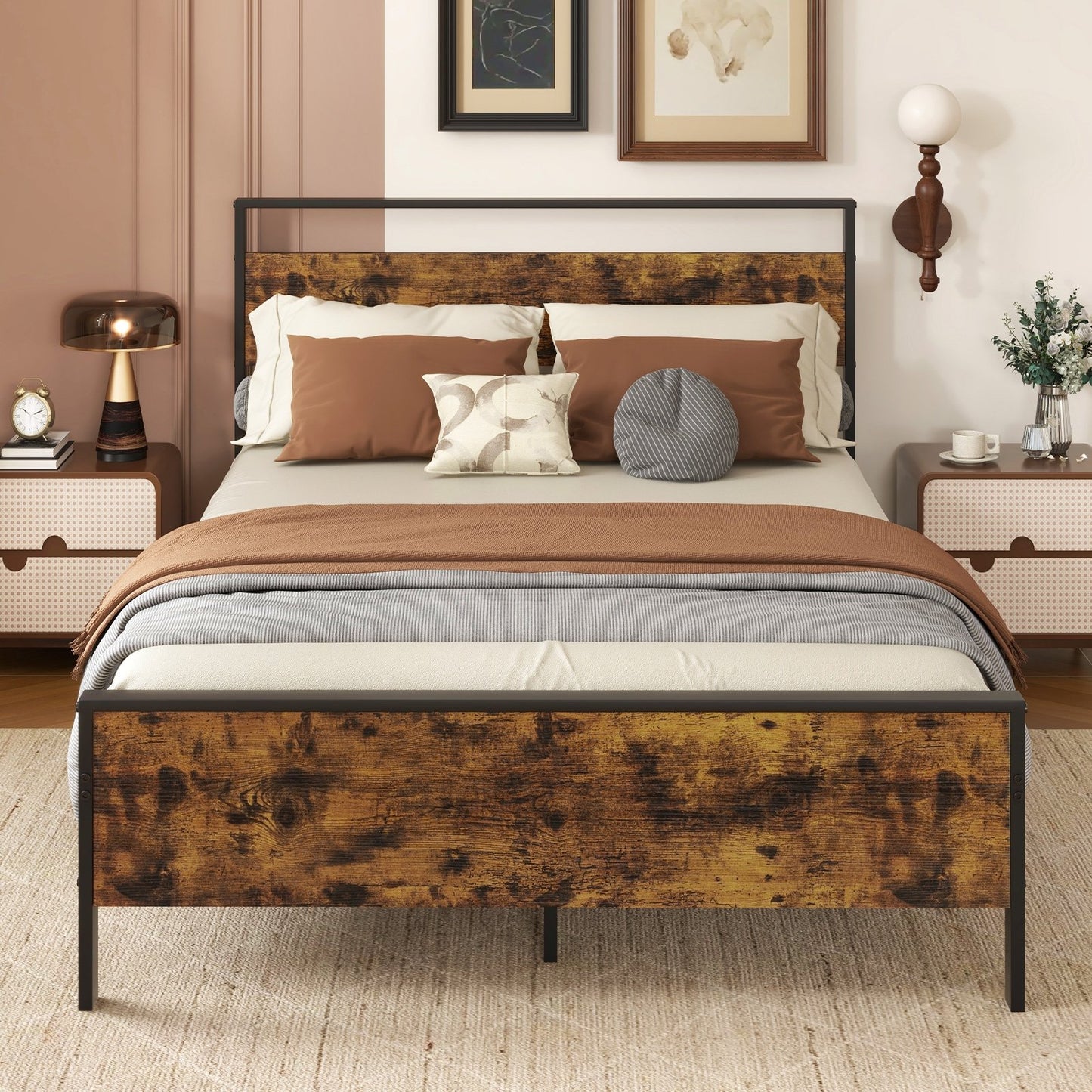 King Metal Bed Frame Industrial Platform Bed with Wooden Headboard-King Size