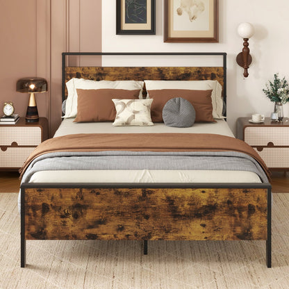 King Metal Bed Frame Industrial Platform Bed with Wooden Headboard-King Size