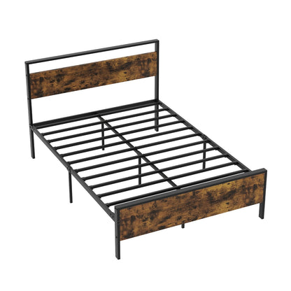 King Metal Bed Frame Industrial Platform Bed with Wooden Headboard-King Size