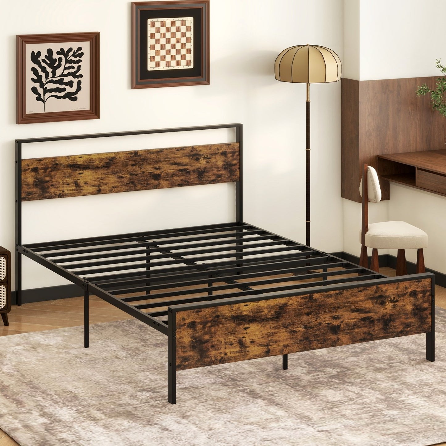 King Metal Bed Frame Industrial Platform Bed with Wooden Headboard-King Size
