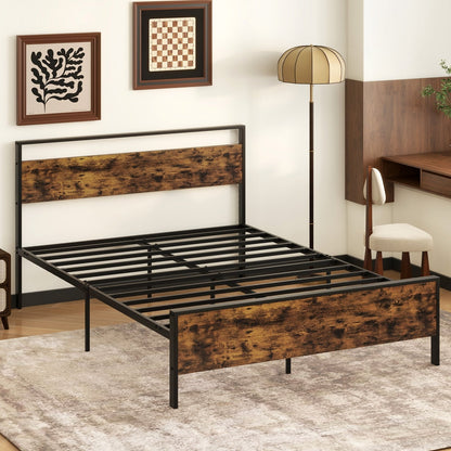 King Metal Bed Frame Industrial Platform Bed with Wooden Headboard-King Size
