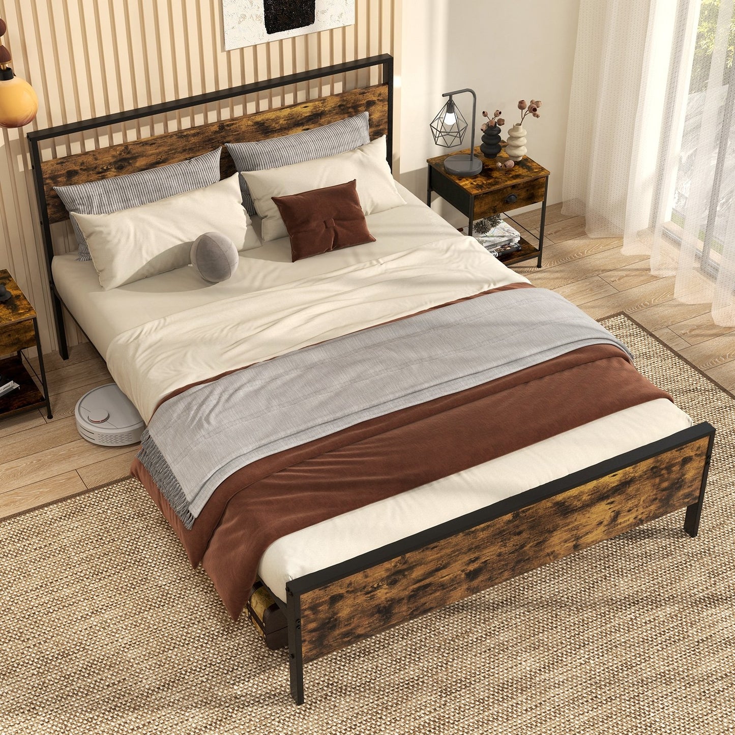 King Metal Bed Frame Industrial Platform Bed with Wooden Headboard-King Size