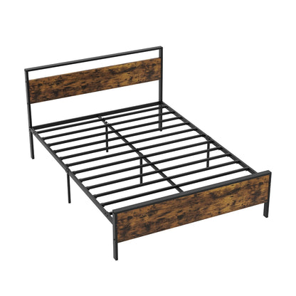 King Metal Bed Frame Industrial Platform Bed with Wooden Headboard-King Size