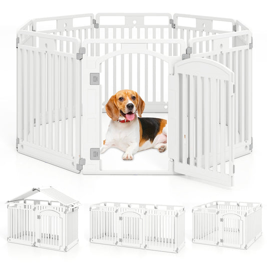 8-Panel Tall Plastic Dog Fence Indoor Outdoor Puppy Pen with Locking Door-White