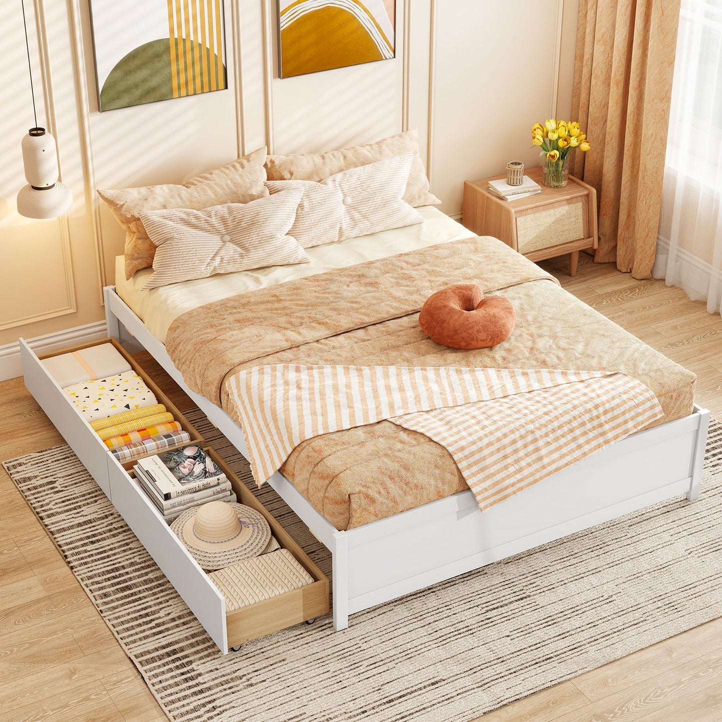 Queen Size Bed Frame with 2 Rolling Storage Drawers-Natural