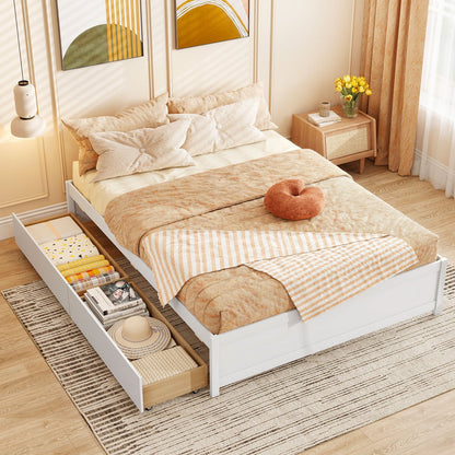 Queen Size Bed Frame with 2 Rolling Storage Drawers-Natural
