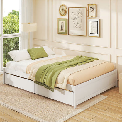 Queen Size Bed Frame with 2 Rolling Storage Drawers-Natural