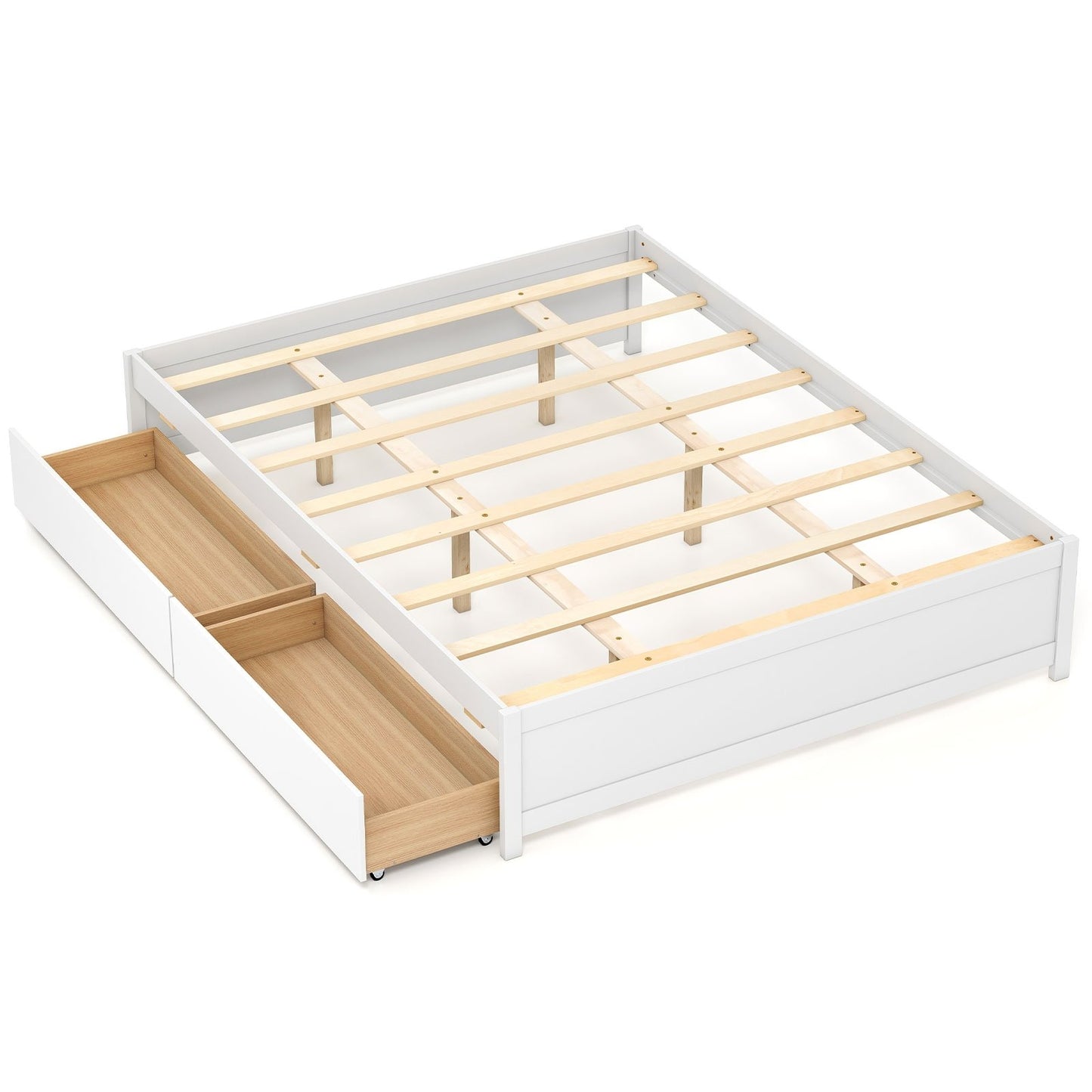 Queen Size Bed Frame with 2 Rolling Storage Drawers-Natural