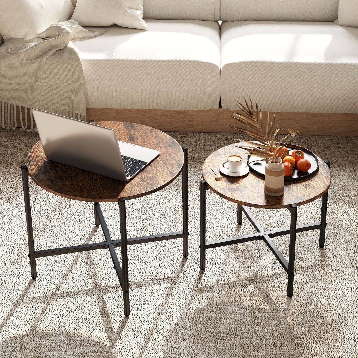 Round Coffee Table Set of 2 with Heavy-Duty Metal Frame-Rustic Brown