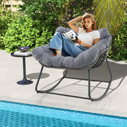 Outdoor Rocking Chair Oversized Patio PE Wicker Egg Chair with Cushion-Black