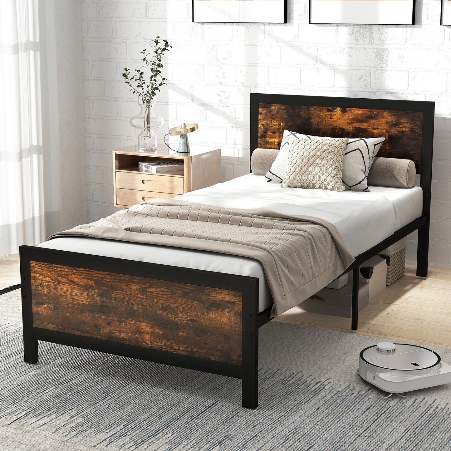 Metal Bed Frame with Headboard and Footboard-Queen Size