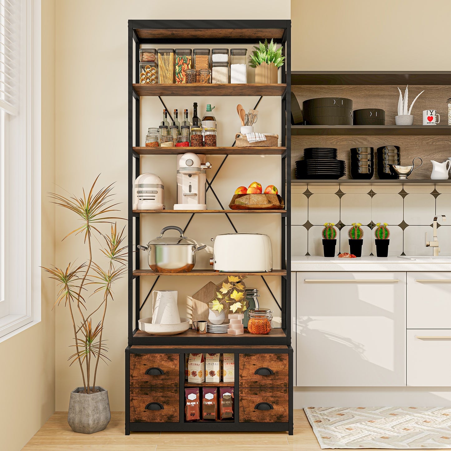 8-tier Bookshelf with 4 Fabric Drawers  and Heavy-duty Metal Frame-Coffee