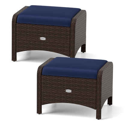 2 Pieces Outdoor Patio PE Wicker Ottomans with Removable Cushions-Beige