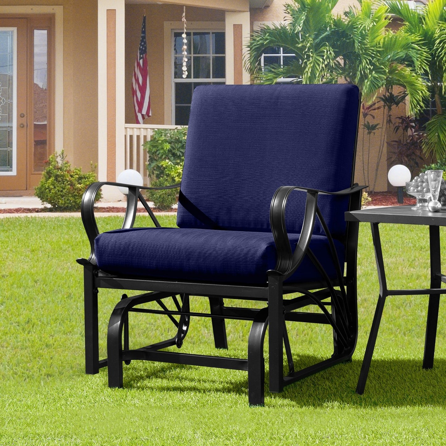 Patio Glider Rocking Chair with Thick Cushion and Curved Armrest-Black