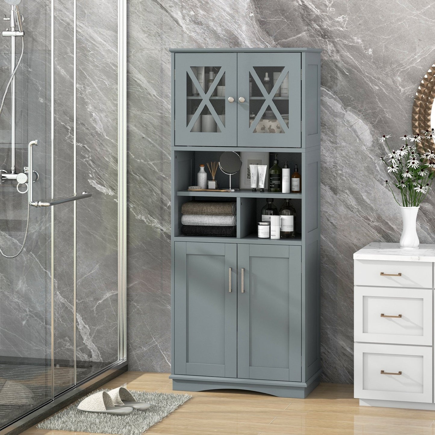 Tall Bathroom Cabinet Large Floor Storage Cabinet with Acrylic Doors and 3 Cubes-Black
