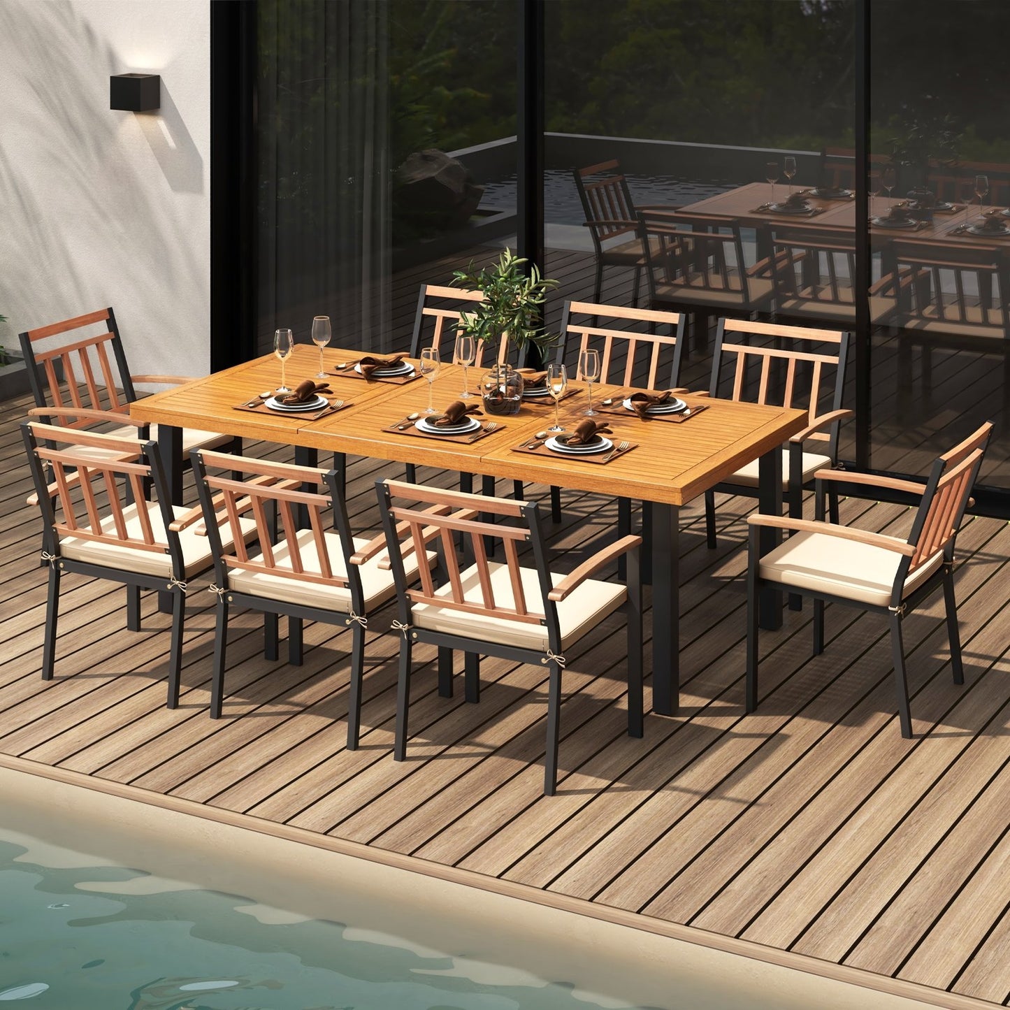 9 Pieces Patio Dining Set 39.5 Inch Acacia Wood Table with Umbrella Hole and 24-Inch Wide Chairs