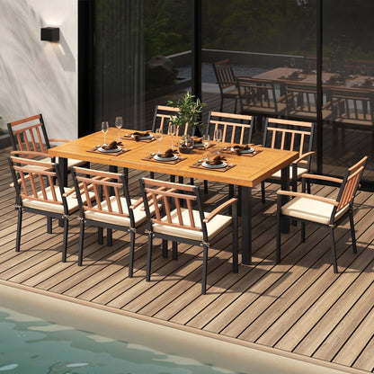 9 Pieces Patio Dining Set 39.5 Inch Acacia Wood Table with Umbrella Hole and 24-Inch Wide Chairs