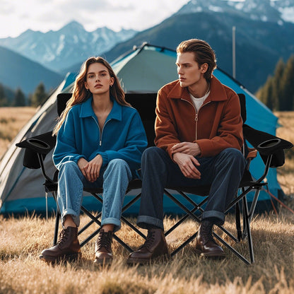 Double Camping Chair 2-Person Outdoor Folding Loveseat with Cup Holders-Black