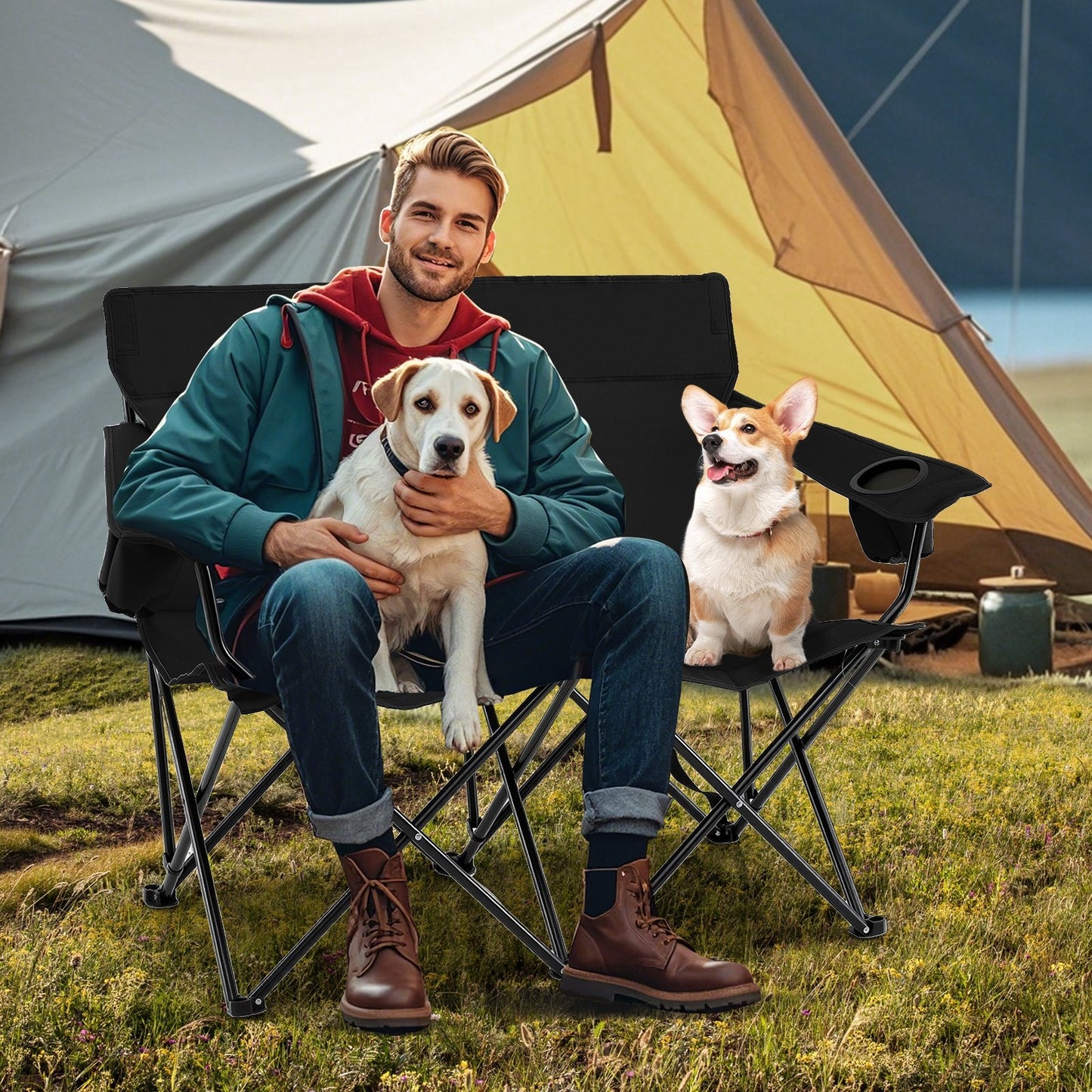 Double Camping Chair 2-Person Outdoor Folding Loveseat with Cup Holders-Black