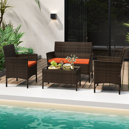 4 Piece Patio Rattan Conversation Set with Cozy Seat Cushions-Black