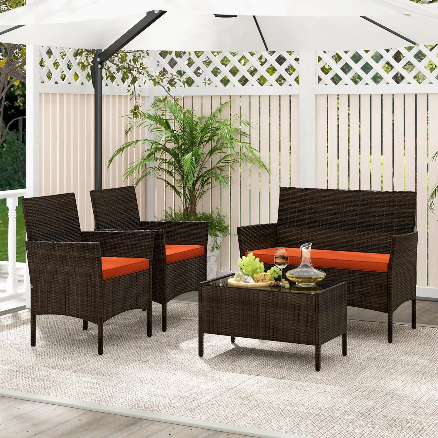 4 Piece Patio Rattan Conversation Set with Cozy Seat Cushions-Black