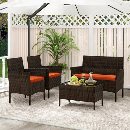 4 Piece Patio Rattan Conversation Set with Cozy Seat Cushions-Black