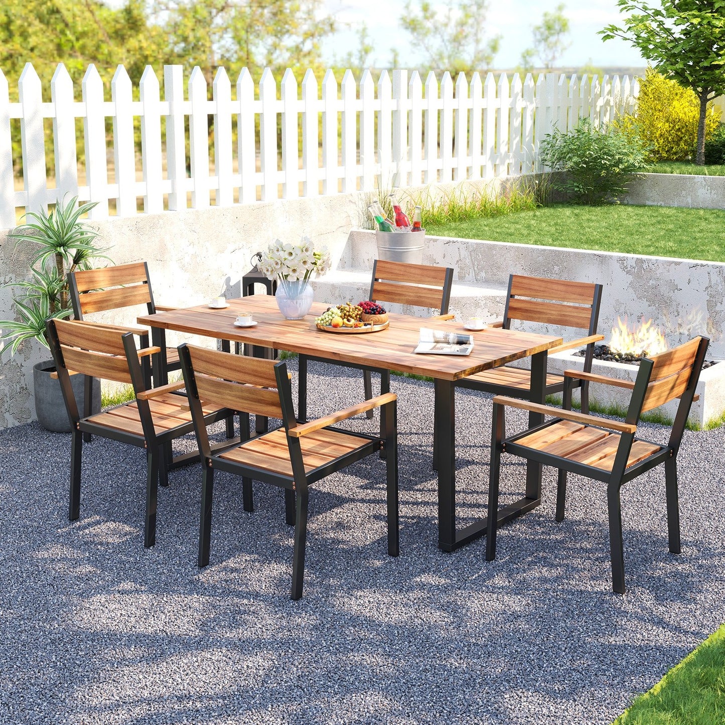 7 Pieces Acacia Wood Patio Dining Set with Metal Frame and 2 Inches Umbrella Hole