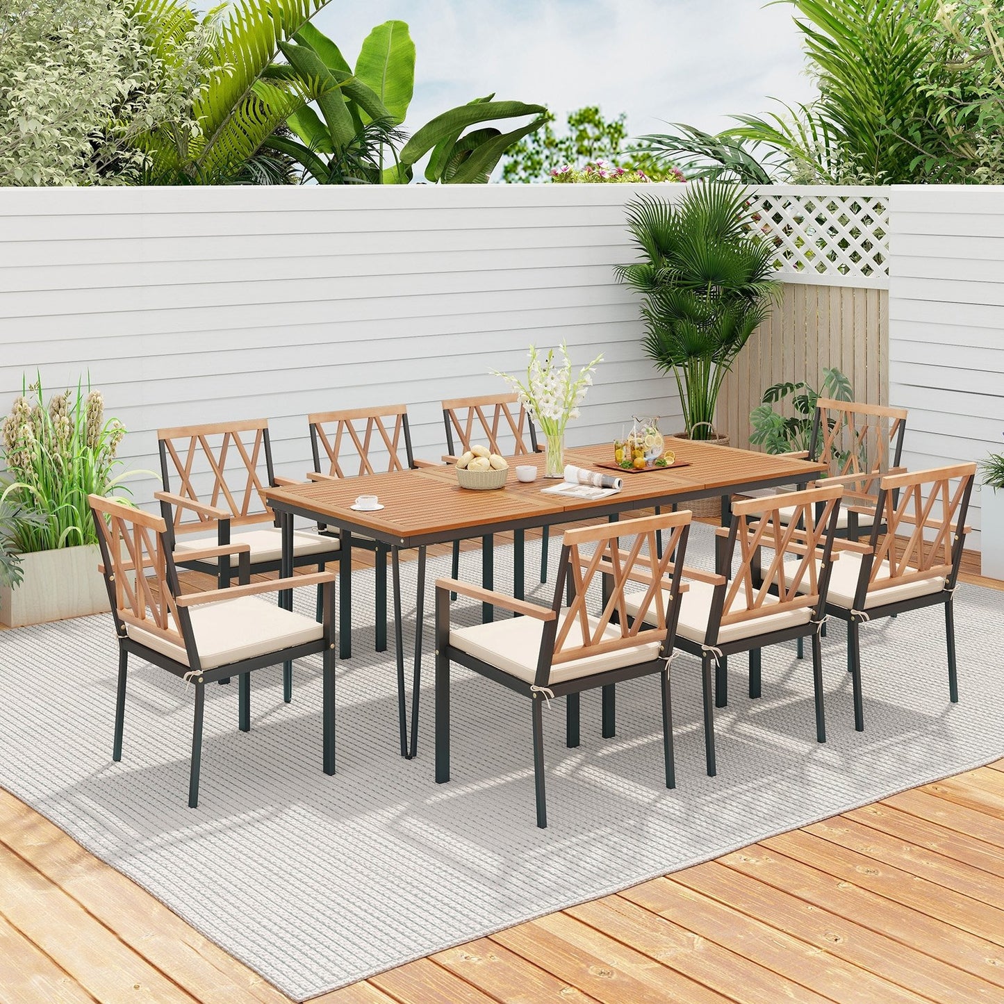 9-Piece Patio Dining Set 35.5 Inch Acacia Wood Table with Umbrella Hole and 22.5-Inch Wide Chairs