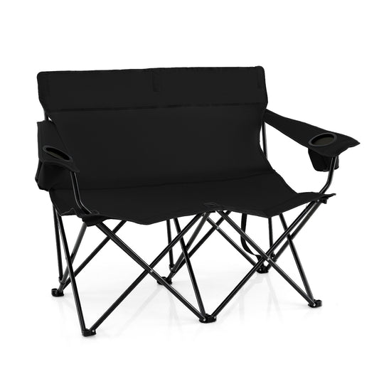 Double Camping Chair 2-Person Outdoor Folding Loveseat with Cup Holders-Black