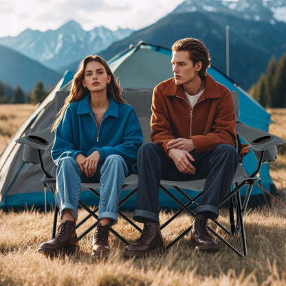 Double Camping Chair 2-Person Outdoor Folding Loveseat with Cup Holders-Black