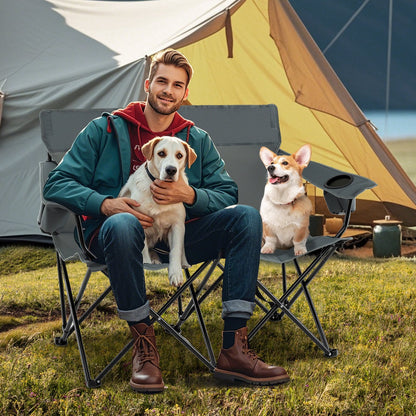 Double Camping Chair 2-Person Outdoor Folding Loveseat with Cup Holders-Black