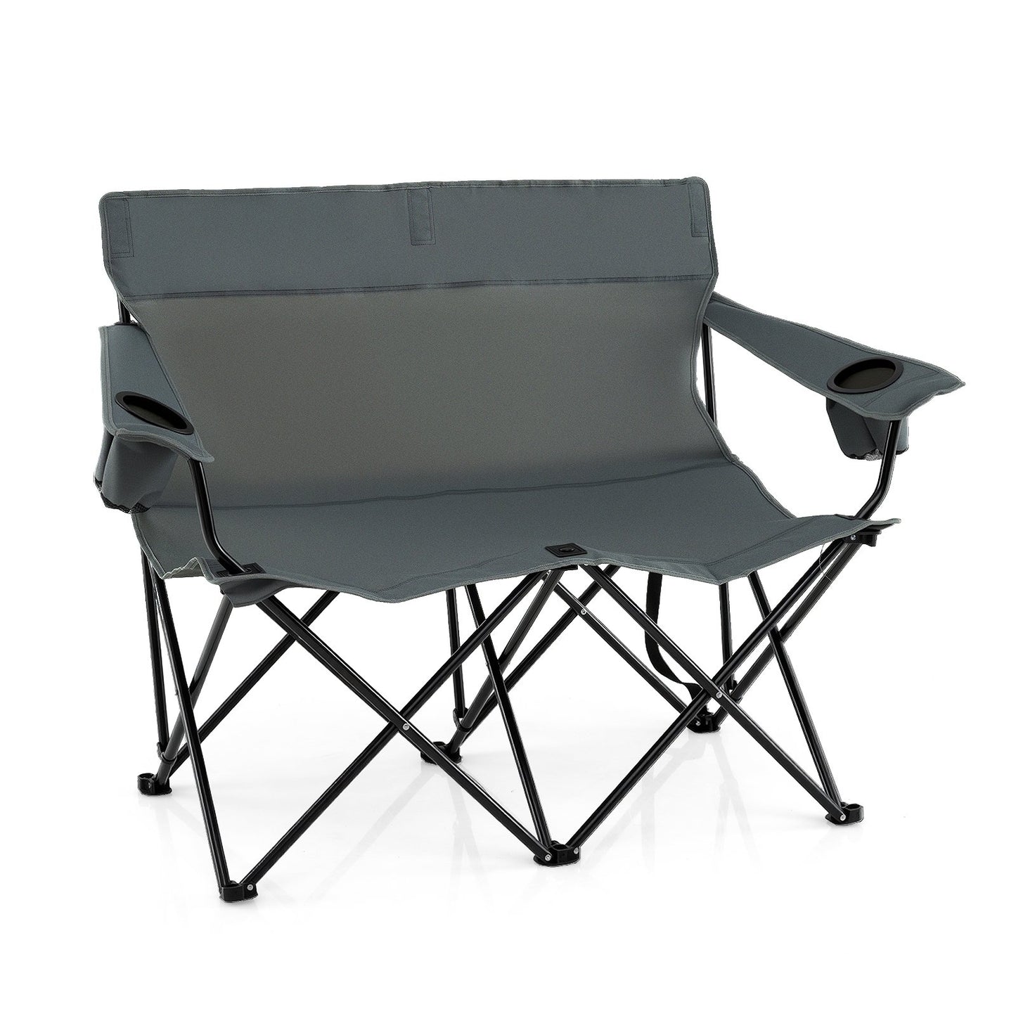 Double Camping Chair 2-Person Outdoor Folding Loveseat with Cup Holders-Black