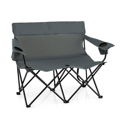 Double Camping Chair 2-Person Outdoor Folding Loveseat with Cup Holders-Black